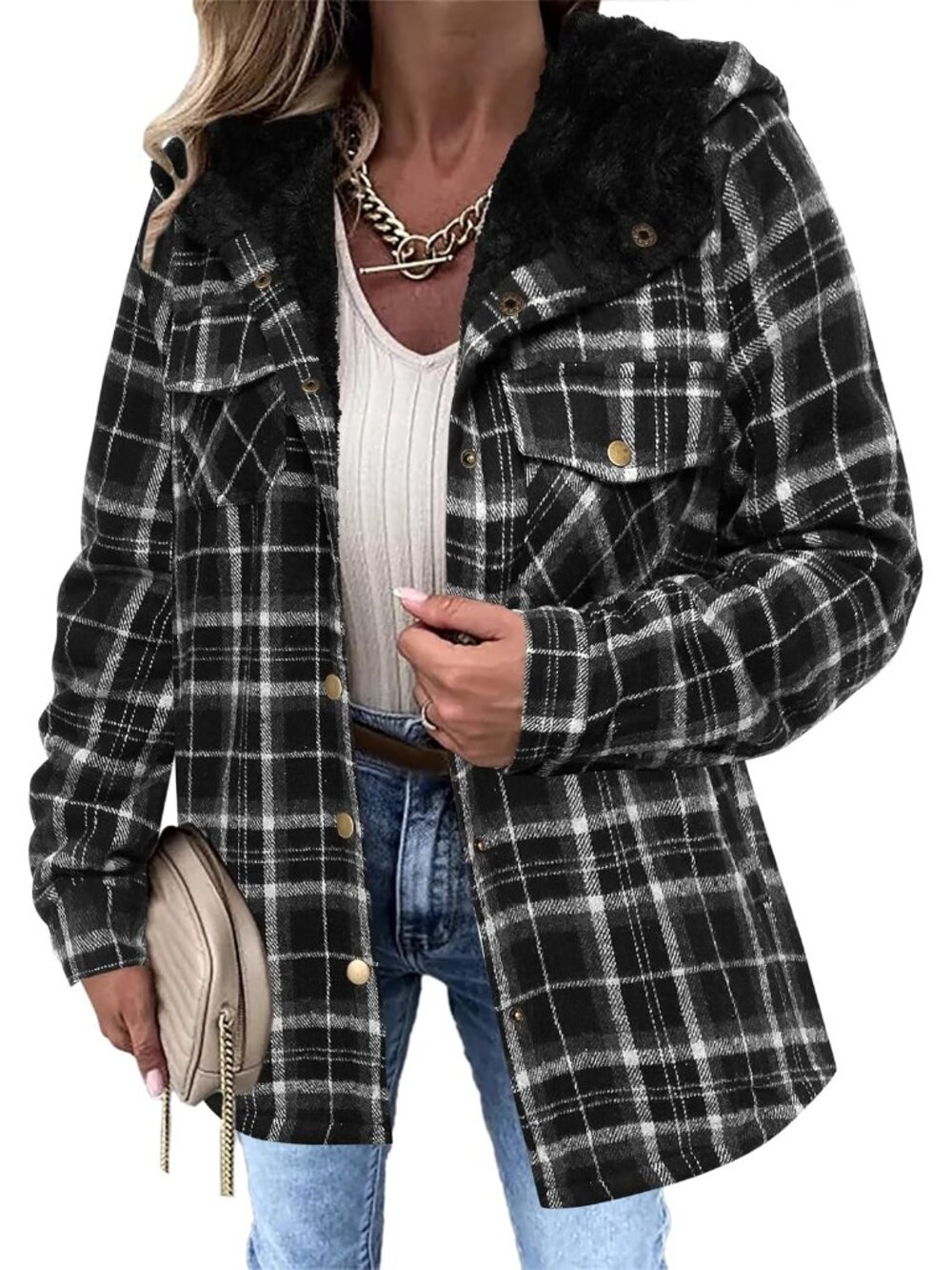 🆕Women's Black Flannel Plaid Jacket Fleece Lined Hooded Warm Coat Casual